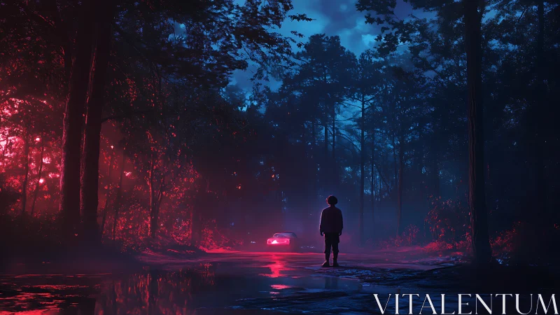Lonely figure confronts neon-lit car in misty night forest