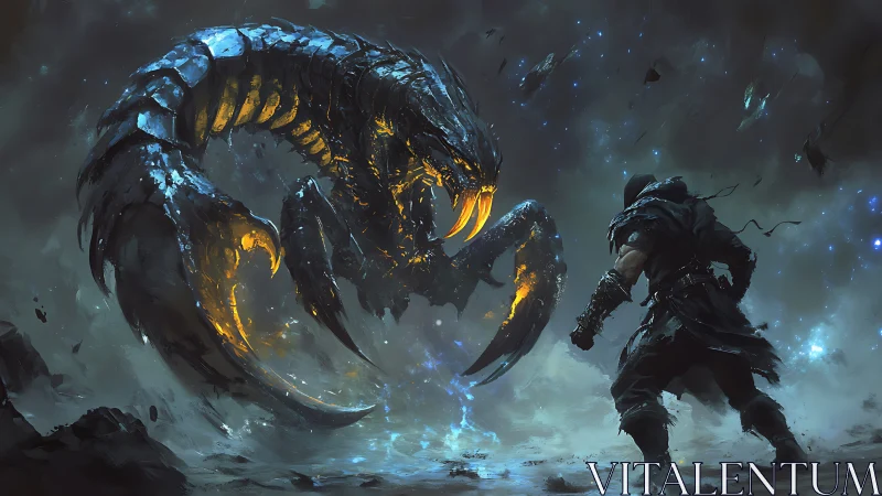 Armored warrior confronting bioluminescent cosmic leviathan.