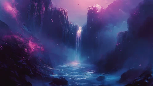 Luminescent fantasy waterfall in neon magenta canyon.