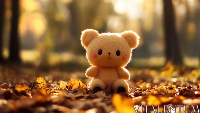 Plush teddy bear glows in soft autumn forest sunlight.