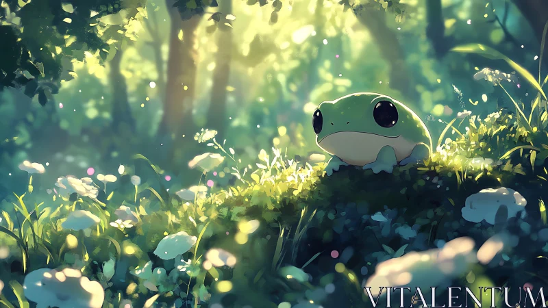 Green frog resting in soft sunlit forest clearing.