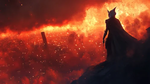 Helm-clad sentinel observing incinerated megacity horizon.