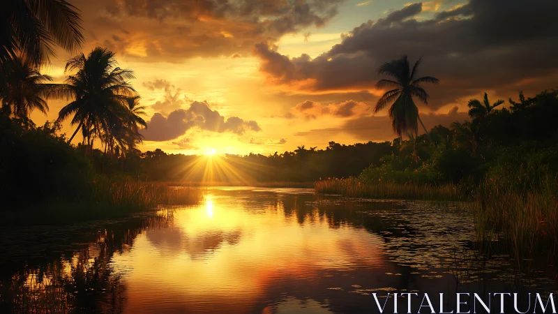 Tropical river channel at low sun with palm silhouettes.