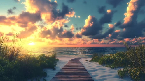 Sunlit shore path guiding quiet steps toward evening calm.