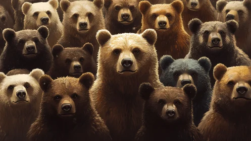 Group portrait of many detailed brown bears facing camera.