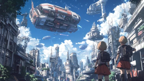 Children beneath vast orbital ships in bright future city.
