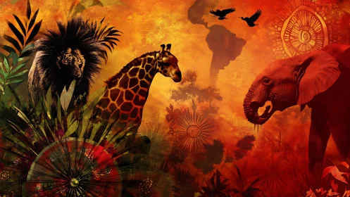 Savanna spirits stride through a blazing painted sunset dream