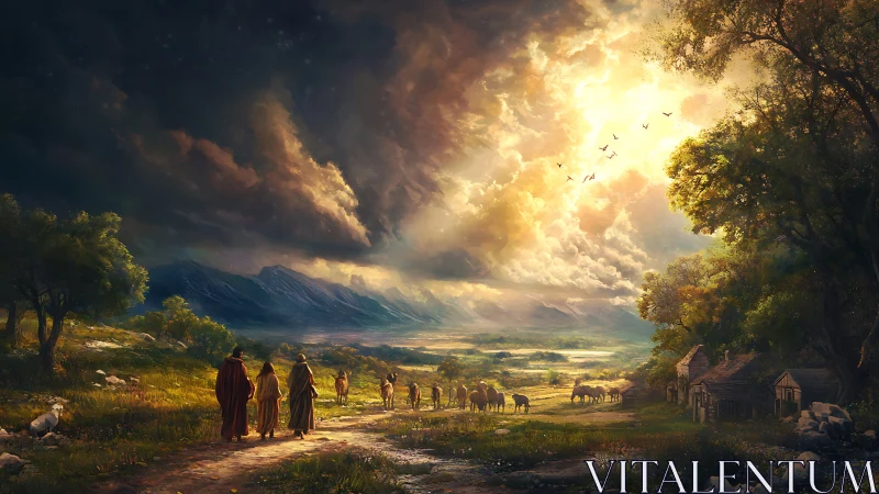 Pilgrims follow sunlit path through storm-torn valley skies.