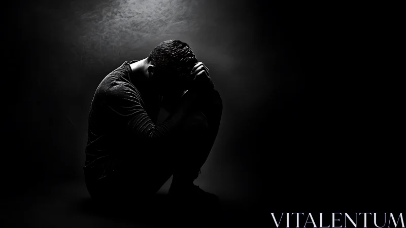 Low key chiaroscuro profile of kneeling figure in despair.