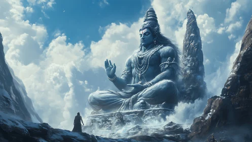 Colossal Shiva deity dominates icy Himalayan valley in mist