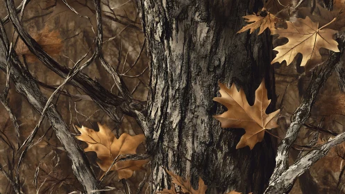 Golden autumn leaves rest gently against weathered bark