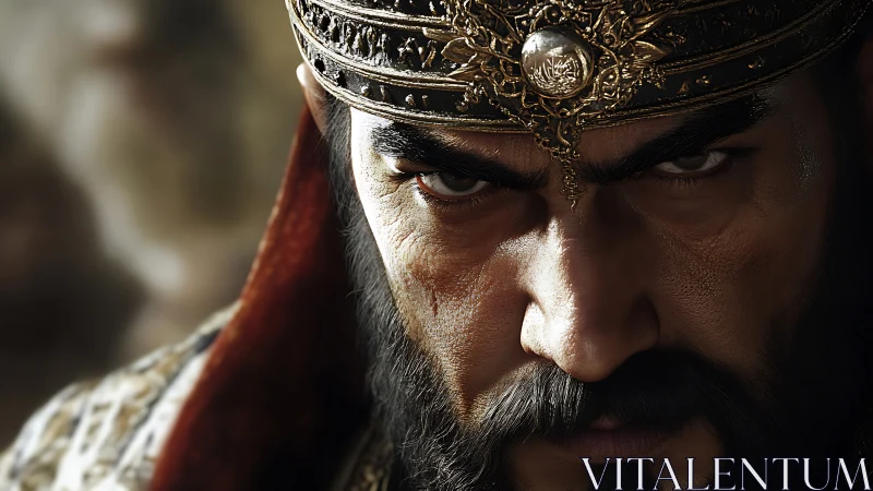 Intense warrior king in ornate crown meets your steady gaze.