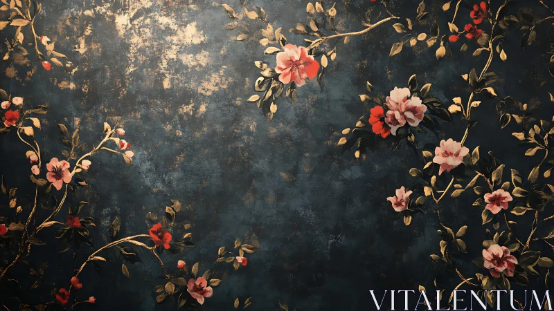 Floral vines drifting softly across a weathered blue sky.