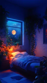 Biophilic bedroom under dual-spectrum moonlit illumination.