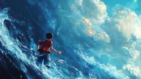 Runaway dreamer races the storm-creased ocean skyward.