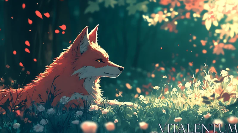Red fox resting in soft forest light among flowers.