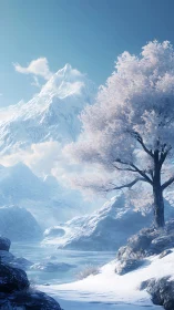 Snowy mountain valley frames solitary frosted blossom tree