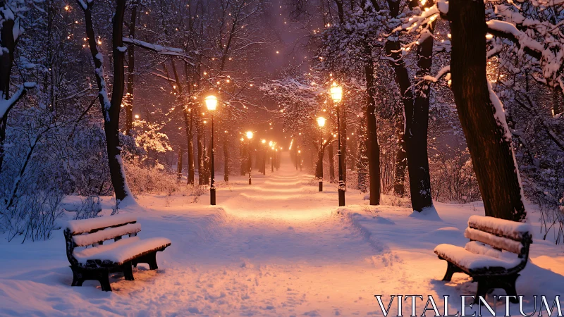 Snow-laden park promenade under tungsten path luminaires.