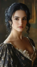 Elegant brunette in baroque dress gazes with calm intensity