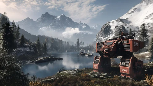 Photorealistic alpine mech landscape with cinematic depth of field.