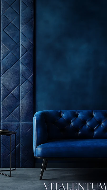 Deep blue tufted sofa anchors minimal geometric interior scene
