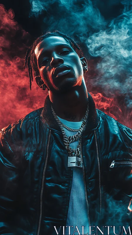 Moody hip-hop portrait framed by neon smoke and light.