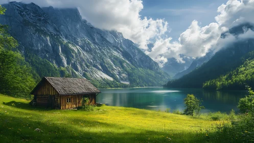 Sunlit lakeside cabin nestles peacefully below towering cliffs