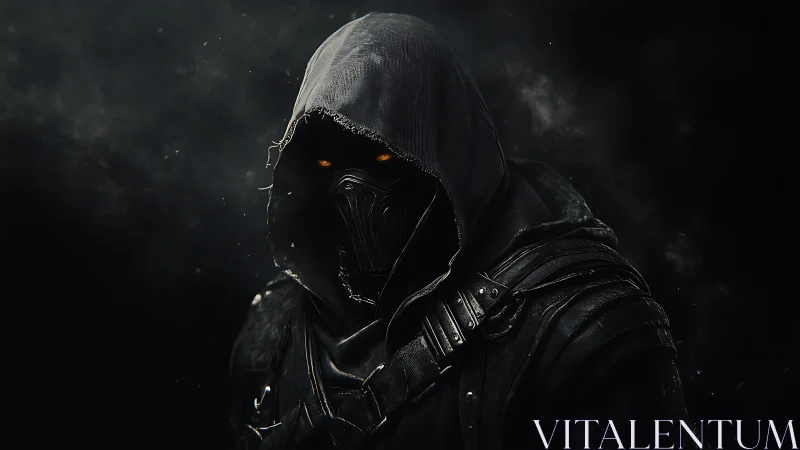 Hooded tactical wraith with respirator mask in voided chiaroscuro.
