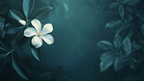 White Flowers on Teal Foliage in Shallow Depth of Field