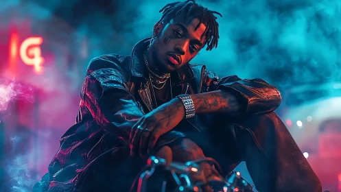 Man in leather jacket posed in neon lit urban environment