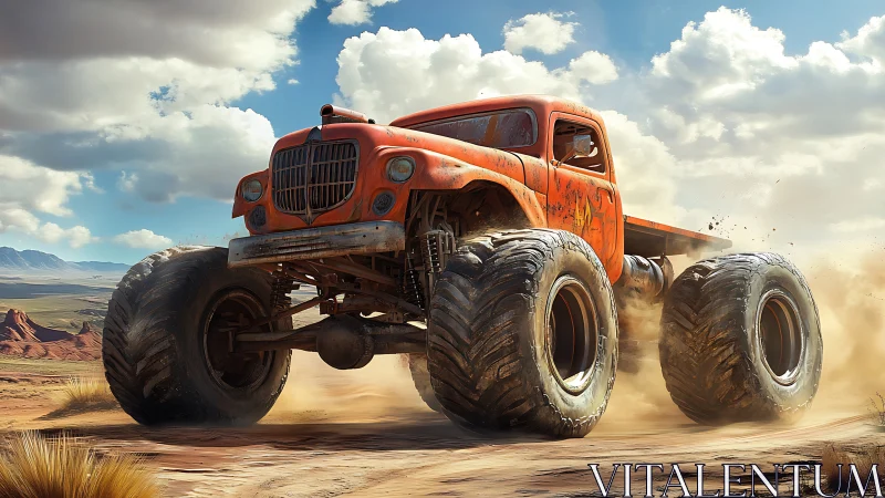 Rusty off-road monster truck powers through desert dust.