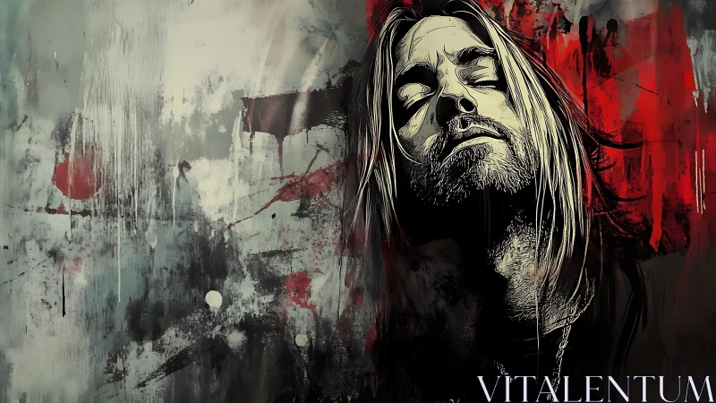 Digital portrait shows long-haired figure amid abstract field