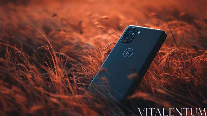 Black smartphone resting upright in dense orange grass field.