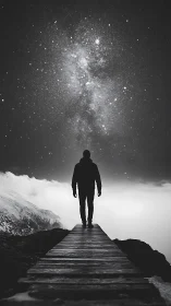 Silhouette on mountain walkway under dense star field at night.