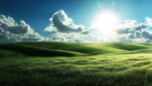 Radiant sunlit grassland with volumetric clouds and rolling hills.