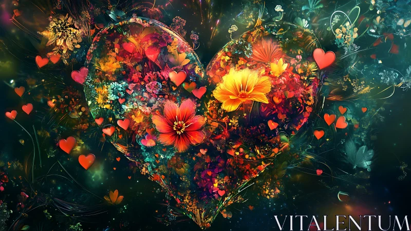 Heart-Shaped Floral Composition with Luminous Botanical Elements.