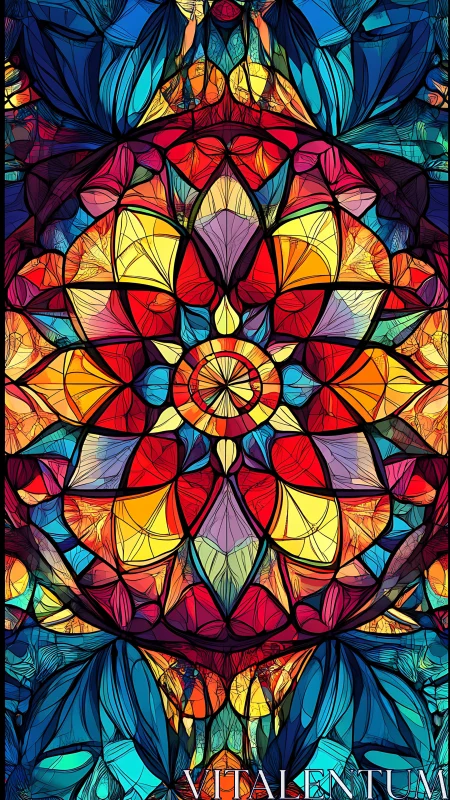 Symmetrical stained-glass mandala renders layered chromatic depth