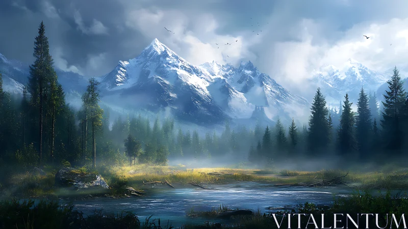 Majestic snowy peaks rise beyond a misty alpine forest valley