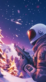 Astronaut holds rifle in snowy landscape under particle field