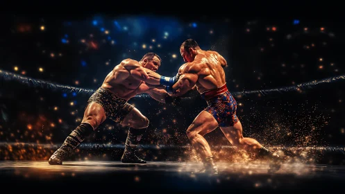 Two muscular fighters engaged in intense boxing match