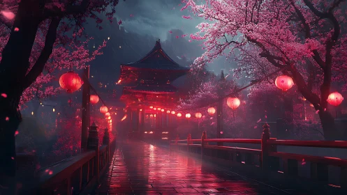 Rain-soaked temple bridge under red lanterns and cherry blossoms