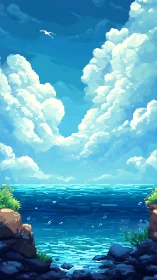 Soft clouds embrace a tranquil pixel sea under bright sky
