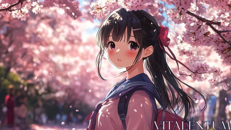 Schoolgirl pauses beneath glowing cherry blossoms in spring
