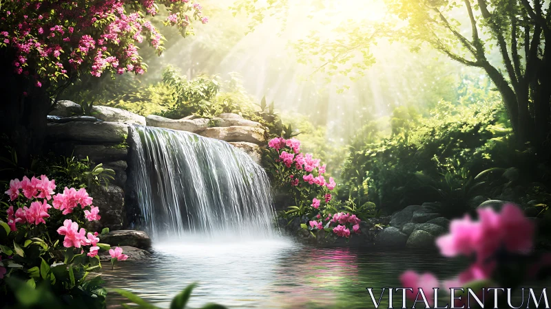 Sunlit forest waterfall framed by vivid pink blossoms