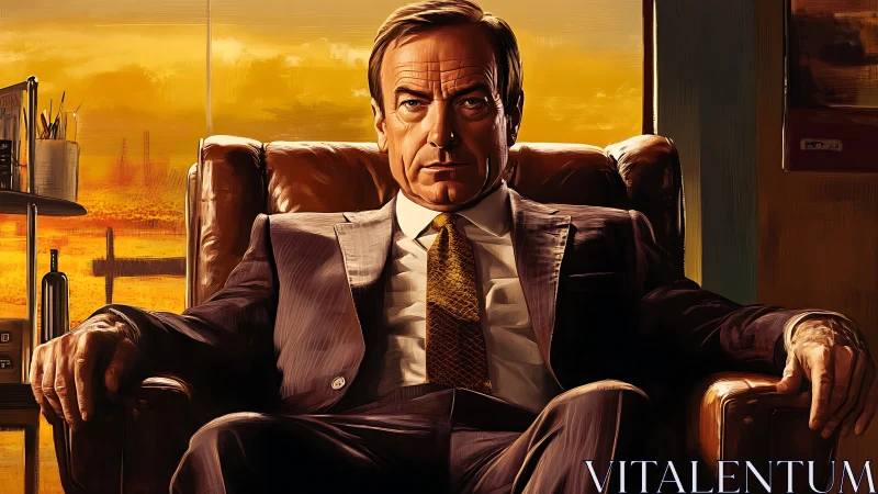 Desert-lit power broker seated in molten amber office glare.