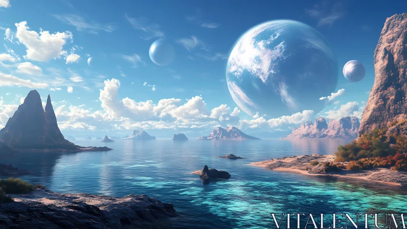 Alien ocean coast under giant planets and bright blue sky.