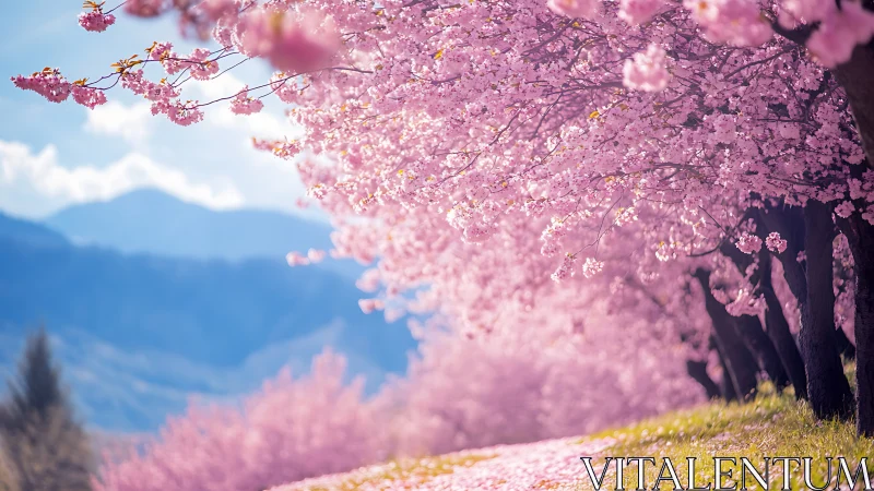 Dreamy cherry blossom lane beneath soft spring mountains.