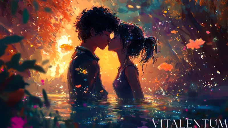 Two figures in water beneath luminescent atmospheric phenomenon.