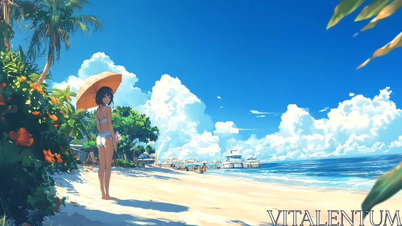 Girl in white swimsuit stands with umbrella on sunny beach