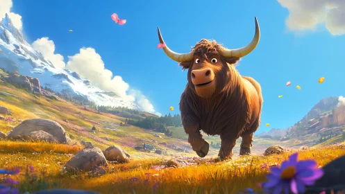 Cartoon yak rendered in high-saturation alpine meadow under clear sky